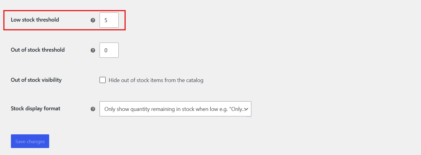 WooCommerce low stock threshold field set in Settings > Products > Inventory
