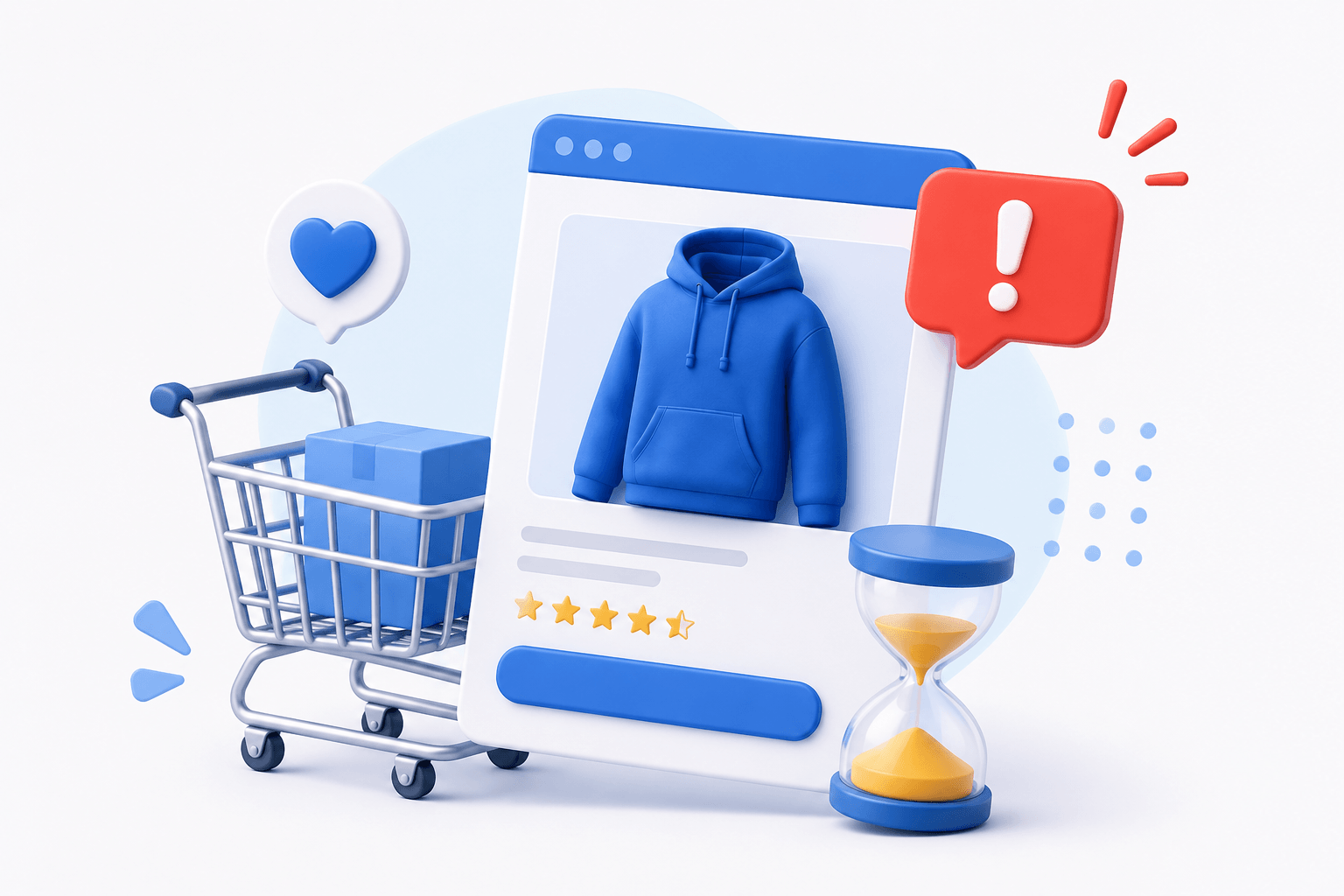 WooCommerce low stock badge illustration with shopping cart, sand timer, and hoodie product card