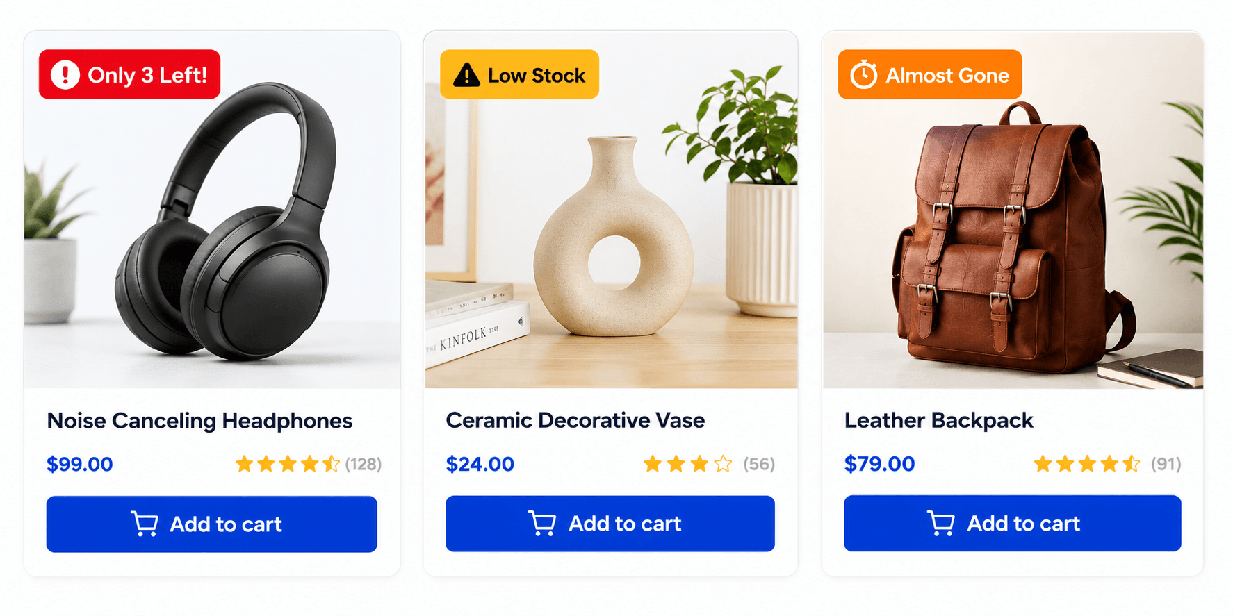 WooCommerce low stock badge examples: 'Low Stock,' 'Almost Gone,' and 'Only 3 Left' text variations