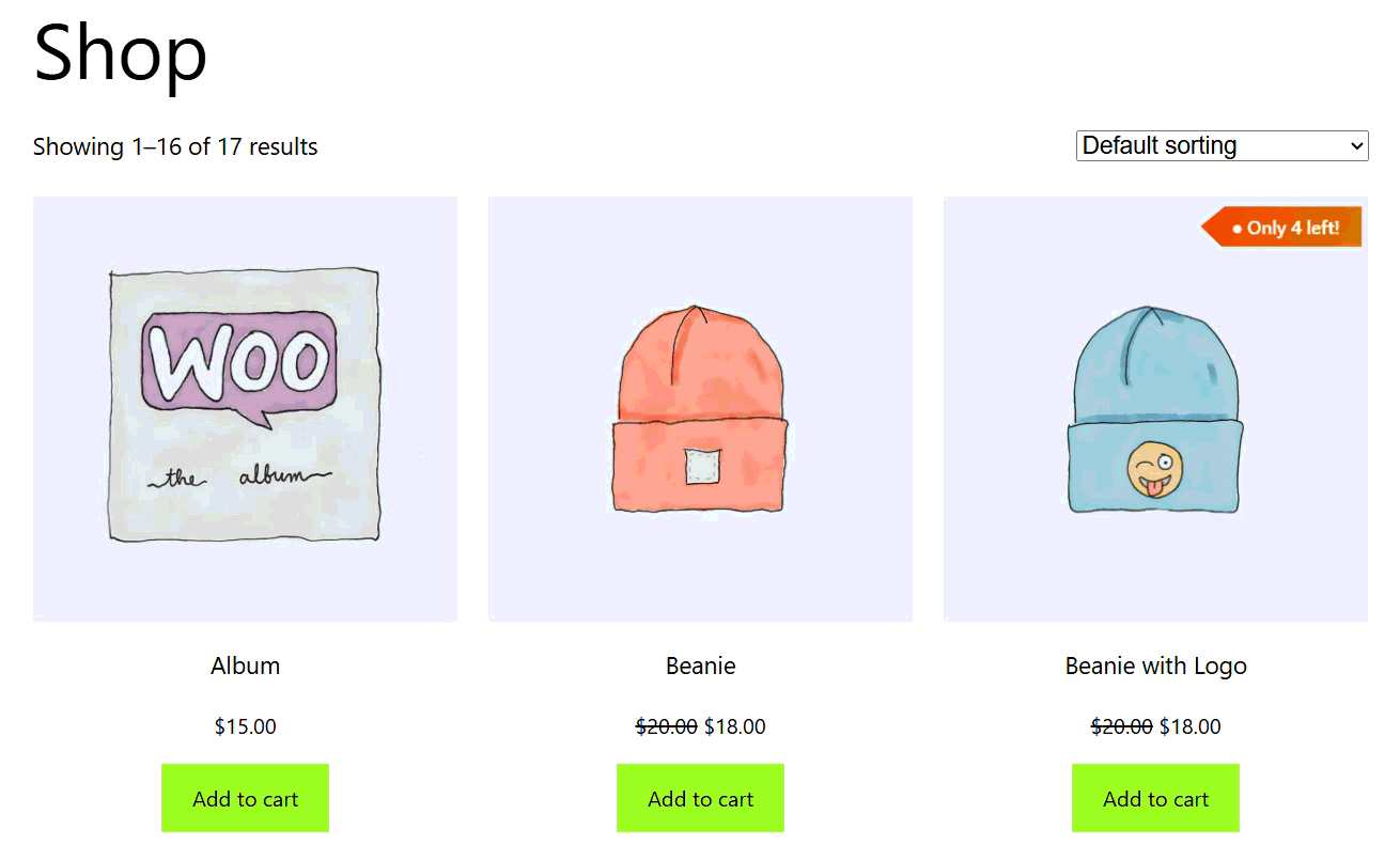 GIF of a pulsing 'Only 4 Left' low stock badge on a WooCommerce shop page product