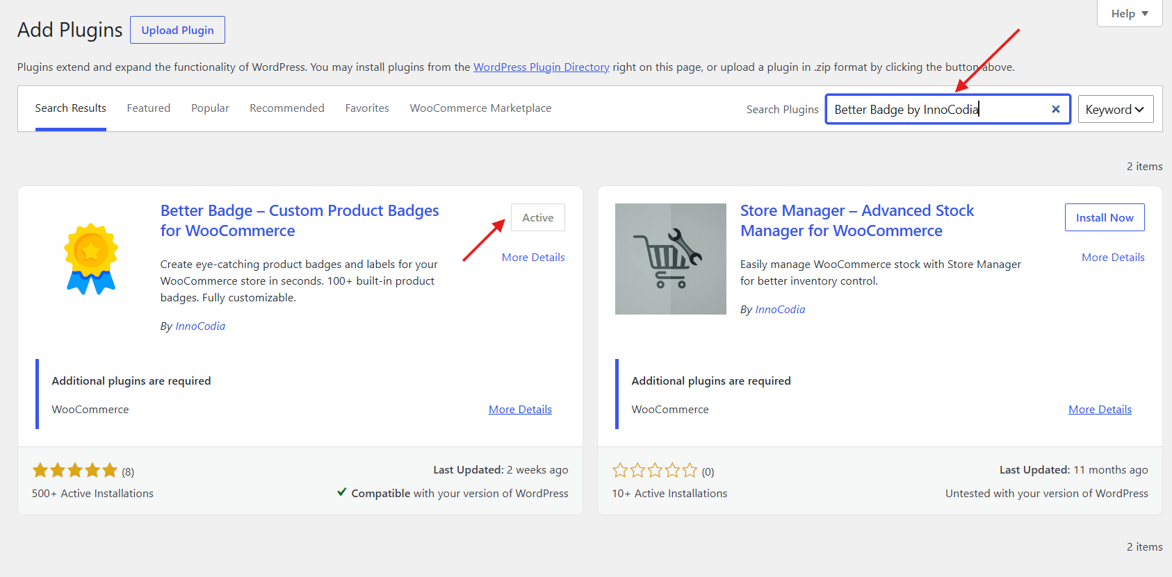 Better Badge plugin listed in WordPress Plugins > Add New, used for WooCommerce low stock badges