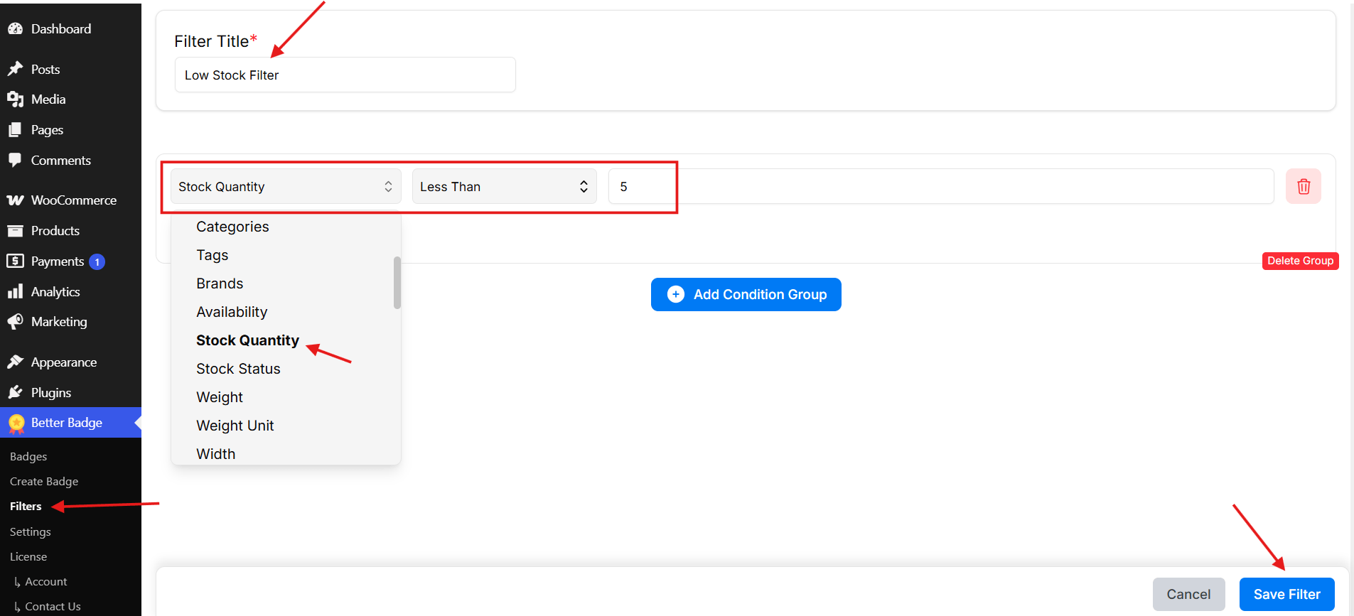 Better Badge filter setup with Stock Quantity condition for triggering low stock badges