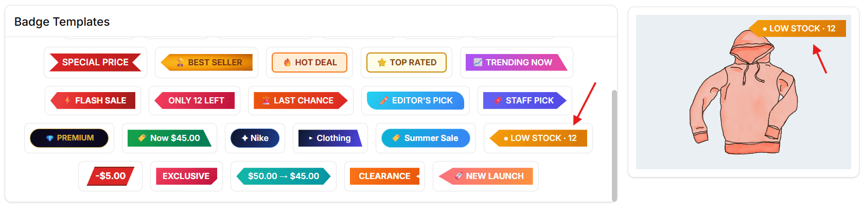 Selecting the Low Stock badge template in Better Badge for WooCommerce
