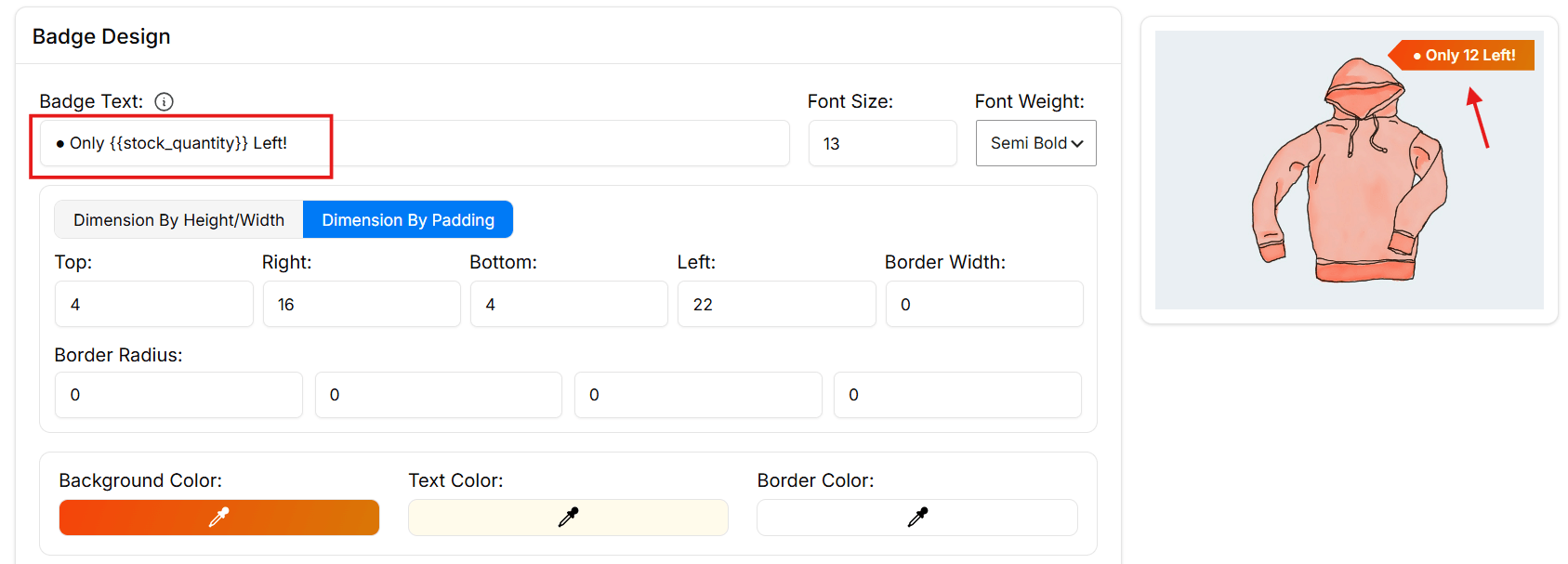 Customizing low stock badge text, font, and colors in Better Badge design settings