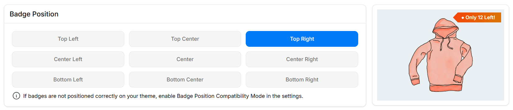 Setting low stock badge position to top left or top right in Better Badge