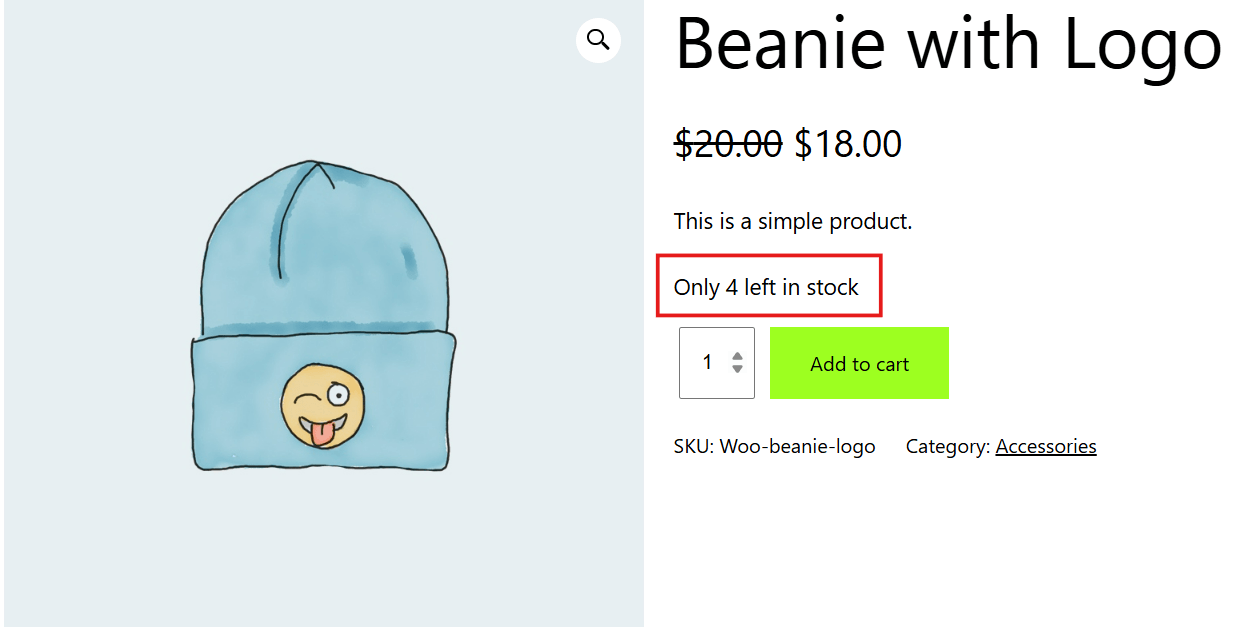 WooCommerce low stock message 'Only 4 left in stock' shown on single product page below product description