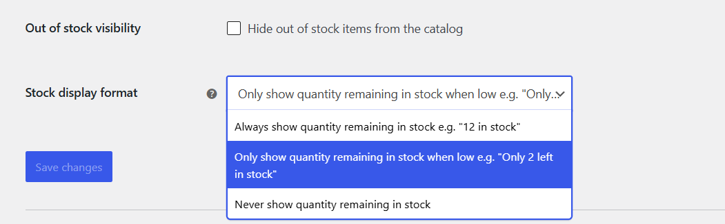 WooCommerce setting to show remaining stock quantity only when low, used for low stock badges