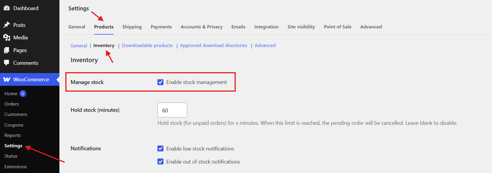 Screenshot showing how to enable stock management in WooCommerce Settings > Products > Inventory, required for low stock alert badges