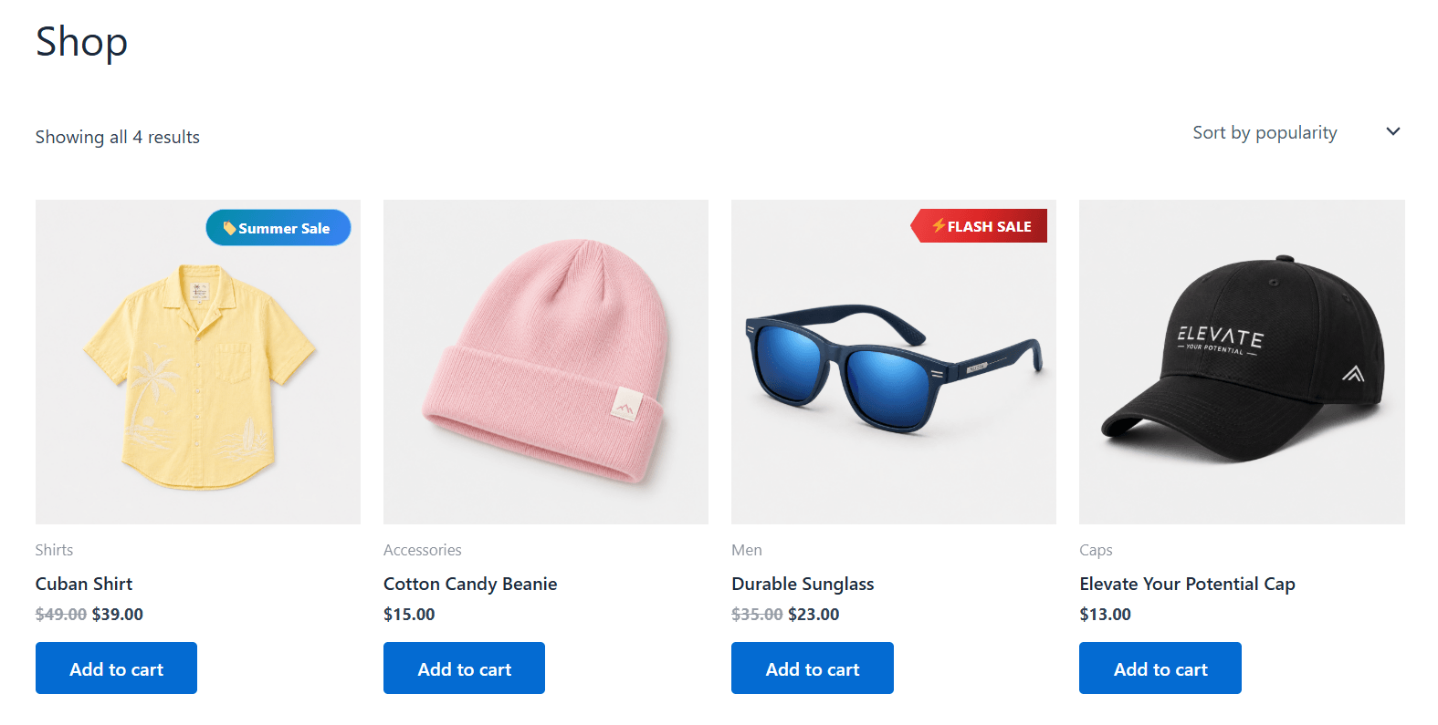Custom WooCommerce sale badge text displayed on a live shop page