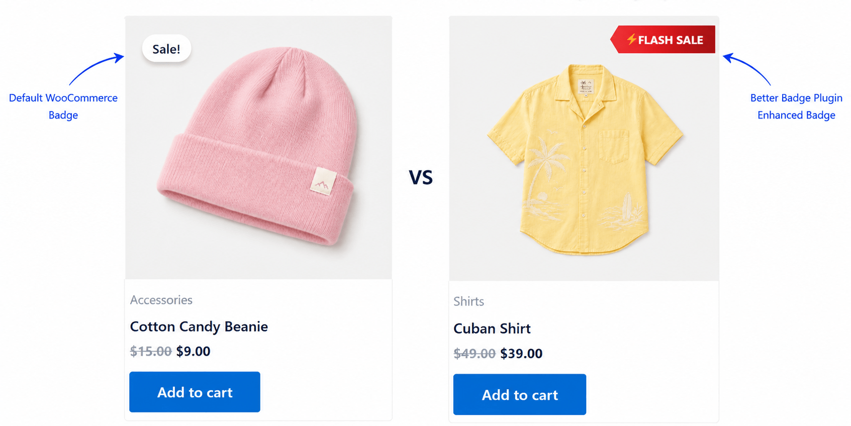 Default WooCommerce sale badge vs custom Flash Sale badge made with Better Badge