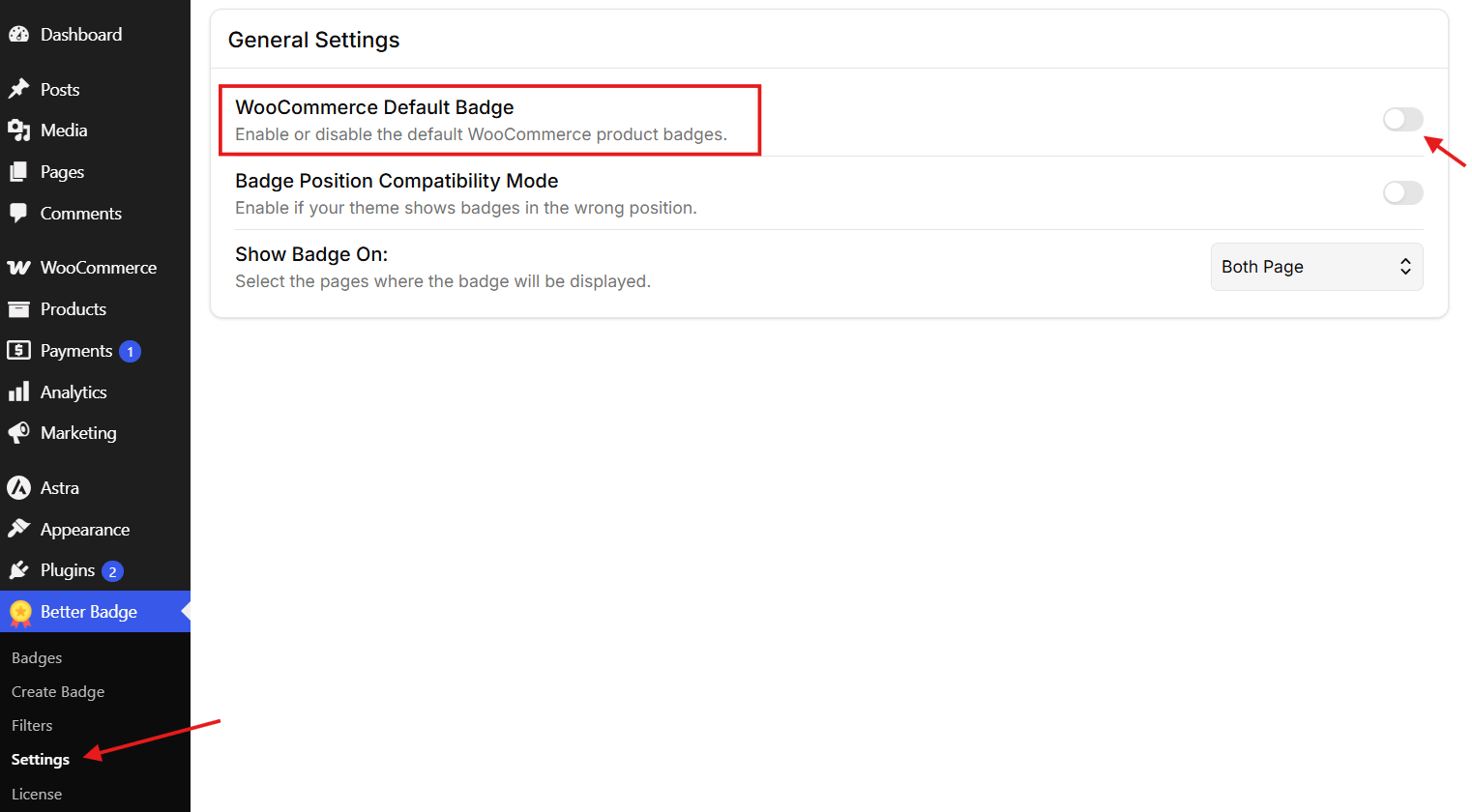 Turning off the default WooCommerce sale badge in Better Badge settings