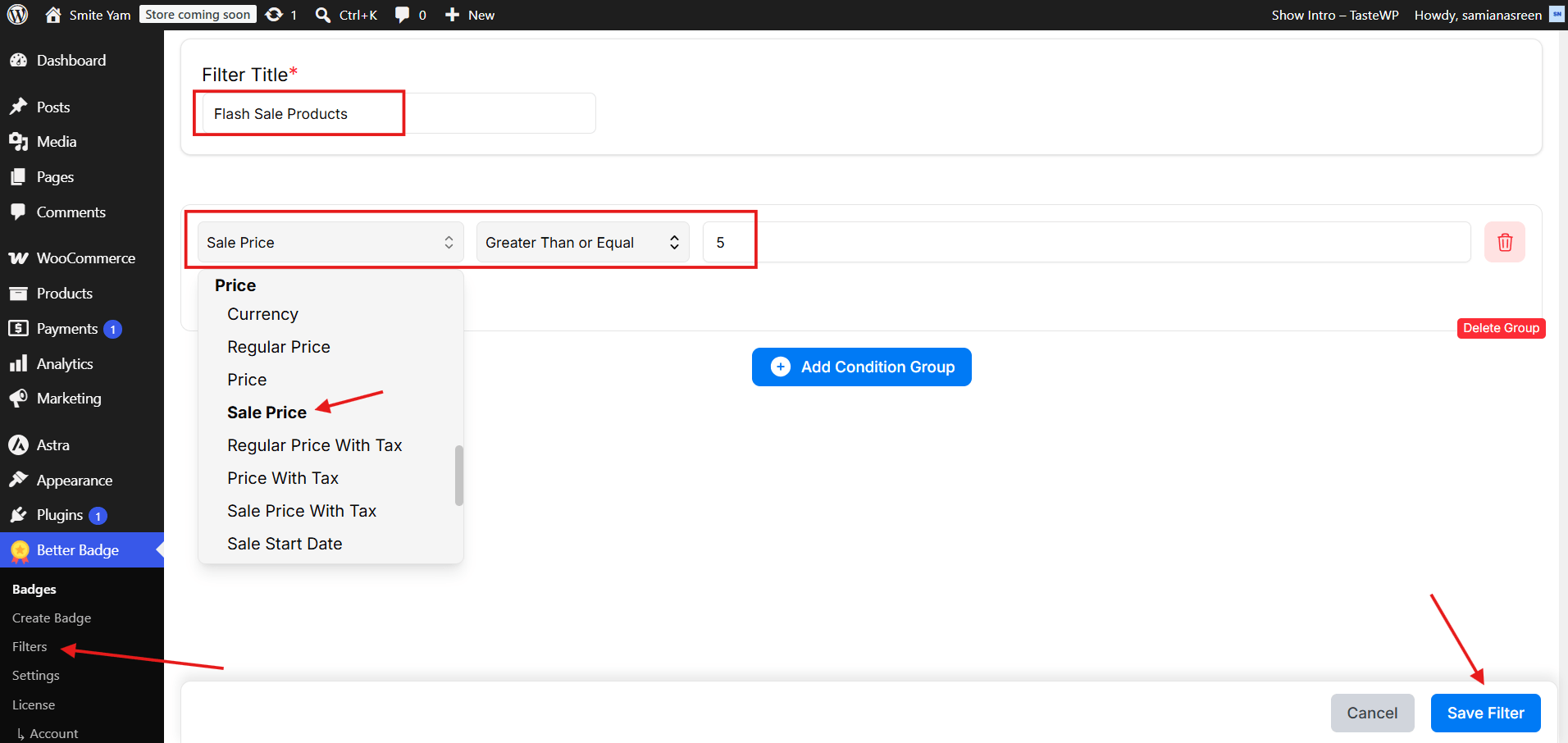 Creating a filter in Better Badge for Flash Sale Products by sale price