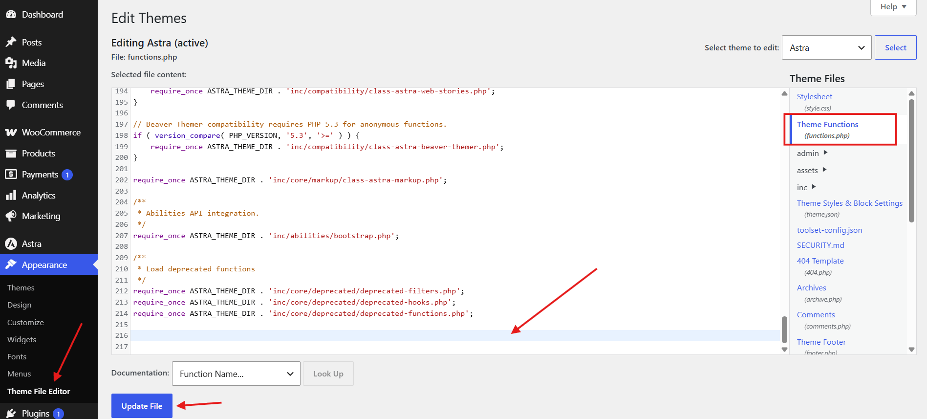 WordPress Theme File Editor open on Theme Functions functions.php