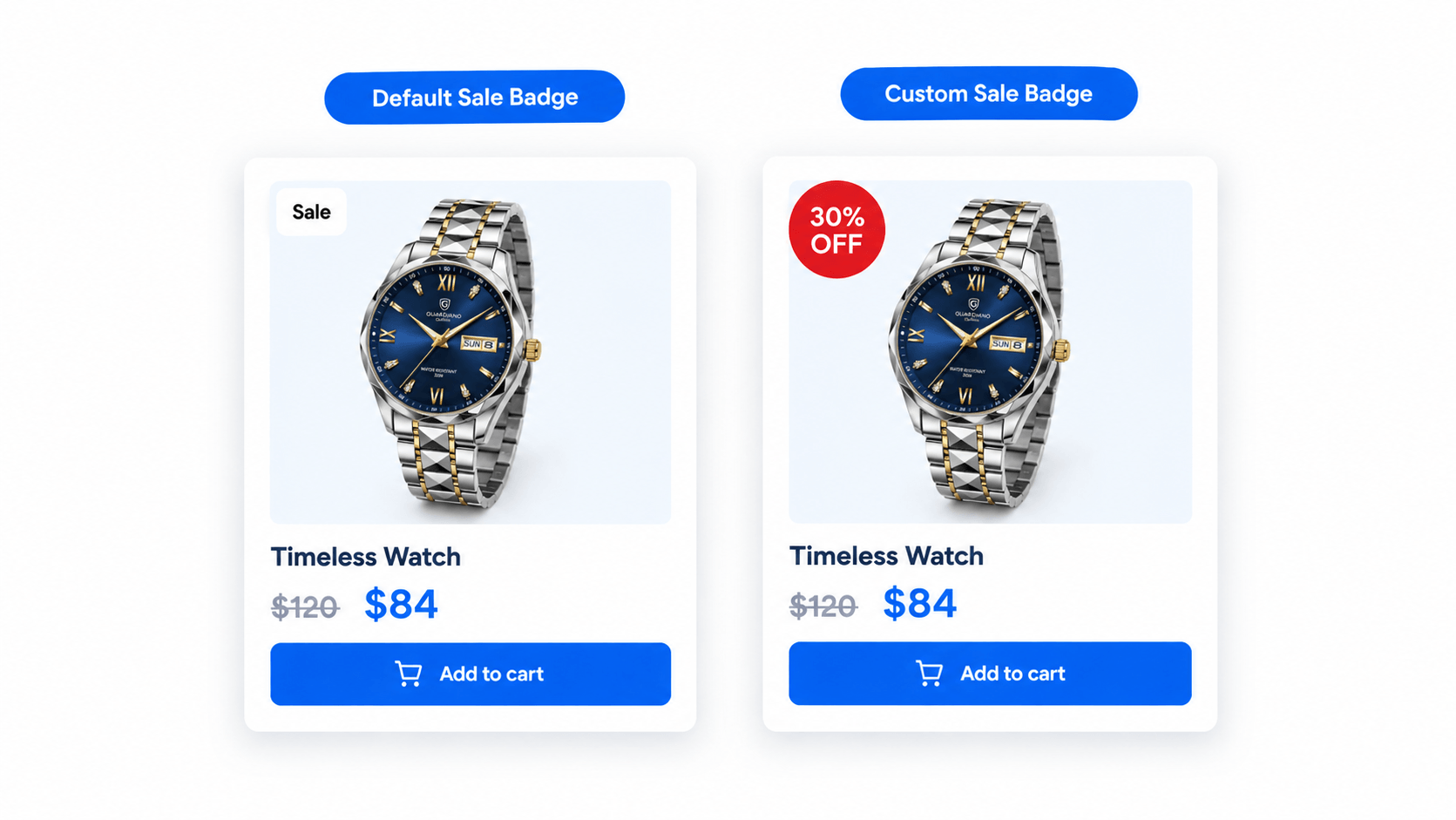 WooCommerce Default Sale Badge vs Better Badge Custom Sale Badge