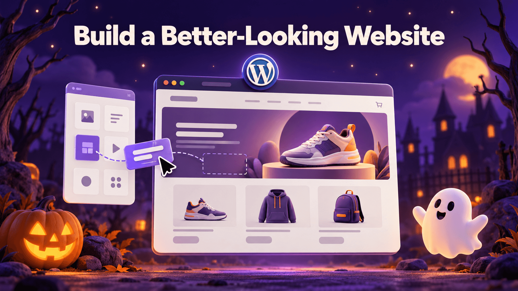 WordPress Halloween deals for design and store building, featuring a drag-and-drop website builder and ecommerce storefront beneath “Build a Better-Looking Website.”