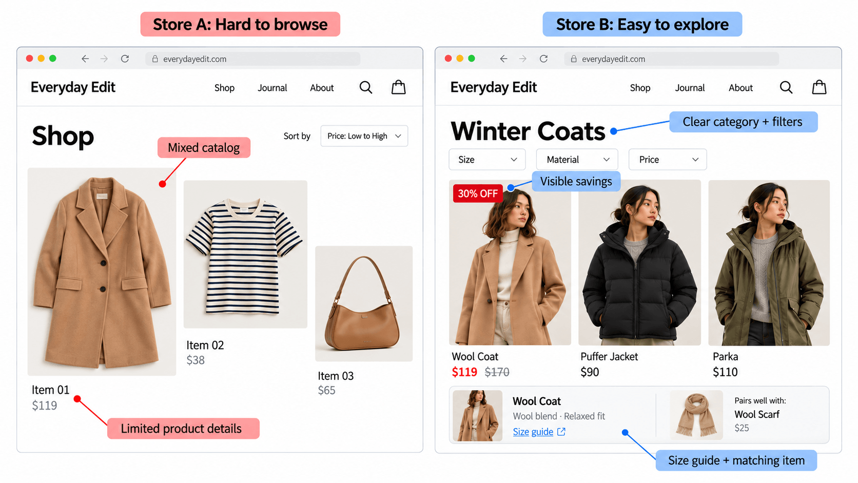 Comparison of a cluttered clothing catalog and an organized ecommerce collection