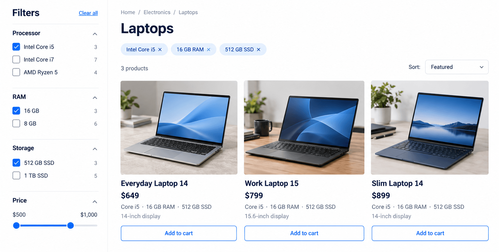 Ecommerce shop laptop collection with processor, RAM, storage, and price filters, showing selected filters and matching products