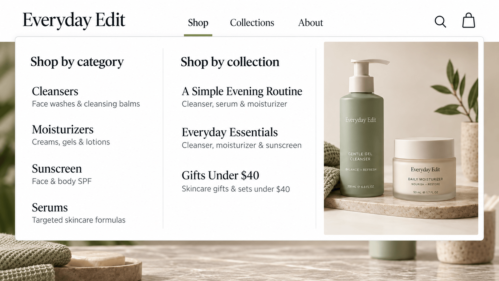 Everyday Edit skincare menu showing product categories and curated collections, with descriptions of what each includes