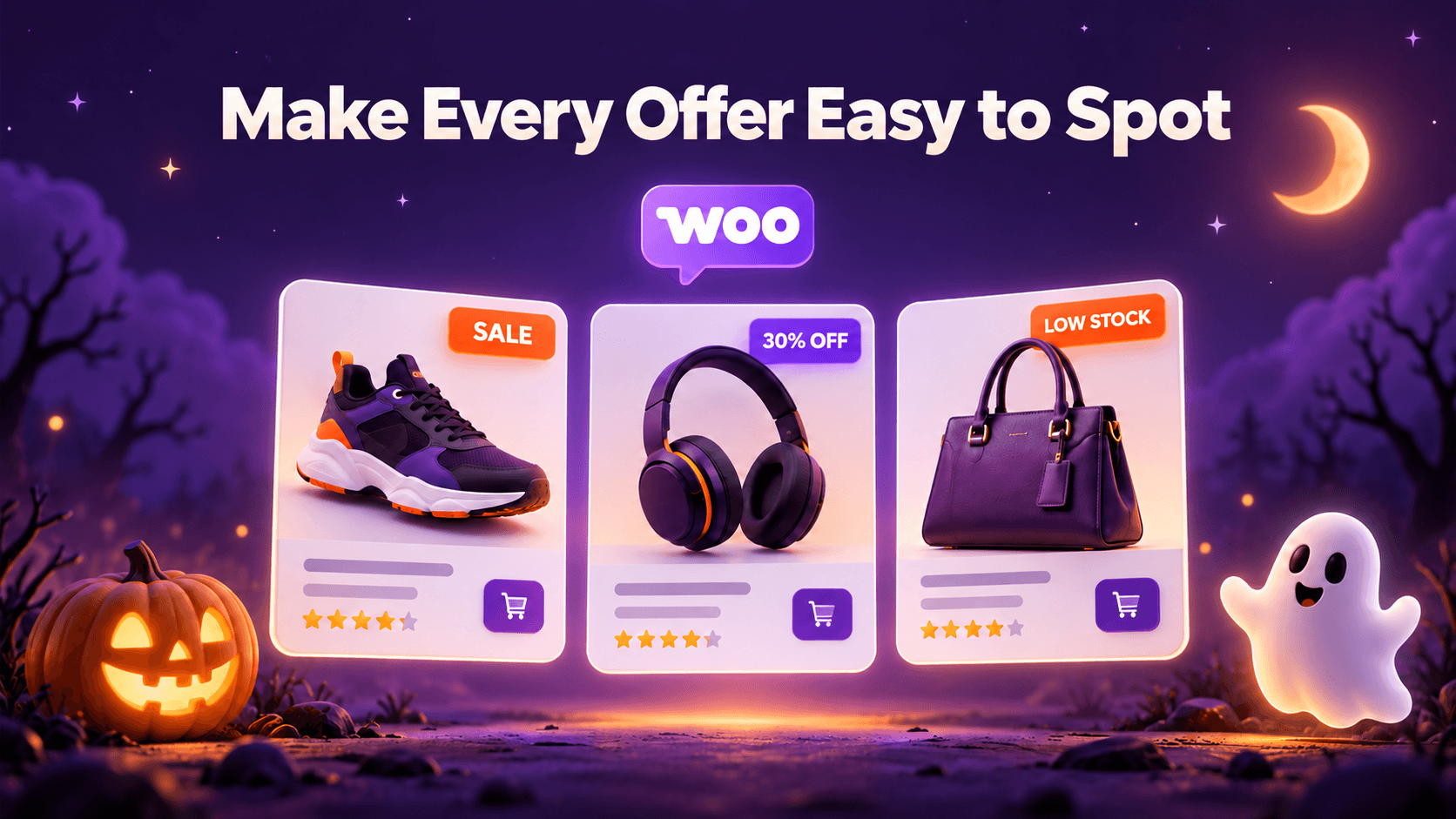 WooCommerce Halloween deals for product promotions, showing custom sale badges, percentage discount labels, and low stock alerts beneath “Make Every Offer Easy to Spot.”