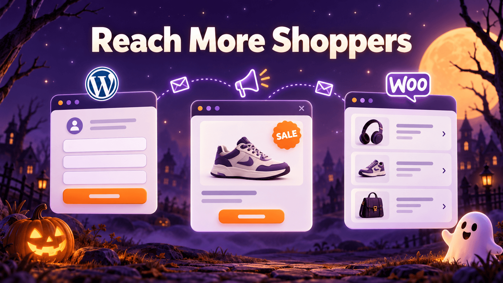 WordPress and WooCommerce Halloween deals for marketing, illustrated with an email signup form, sale popup, and ecommerce product listings beneath “Reach More Shoppers.”