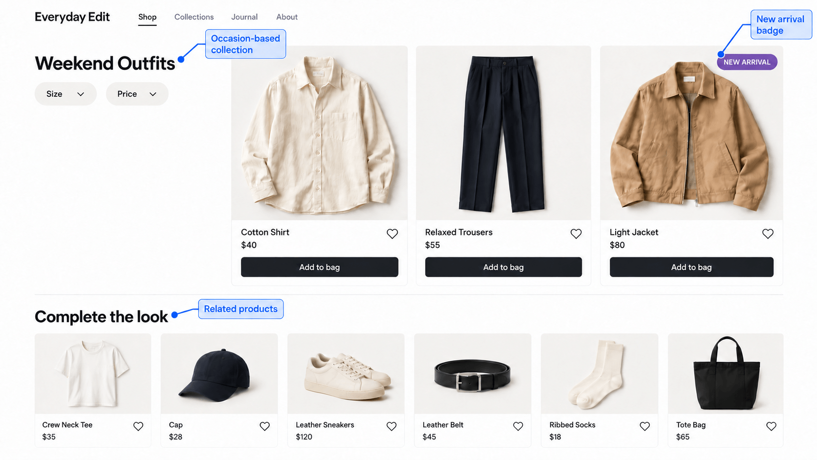 Weekend clothing collection with size filters and matching outfit suggestions