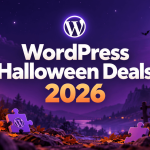 WordPress Halloween Deals 2026 banner for WordPress and WooCommerce offers, featuring plugin icons, a discount tag, glowing pumpkin, friendly ghost, and haunted castle.