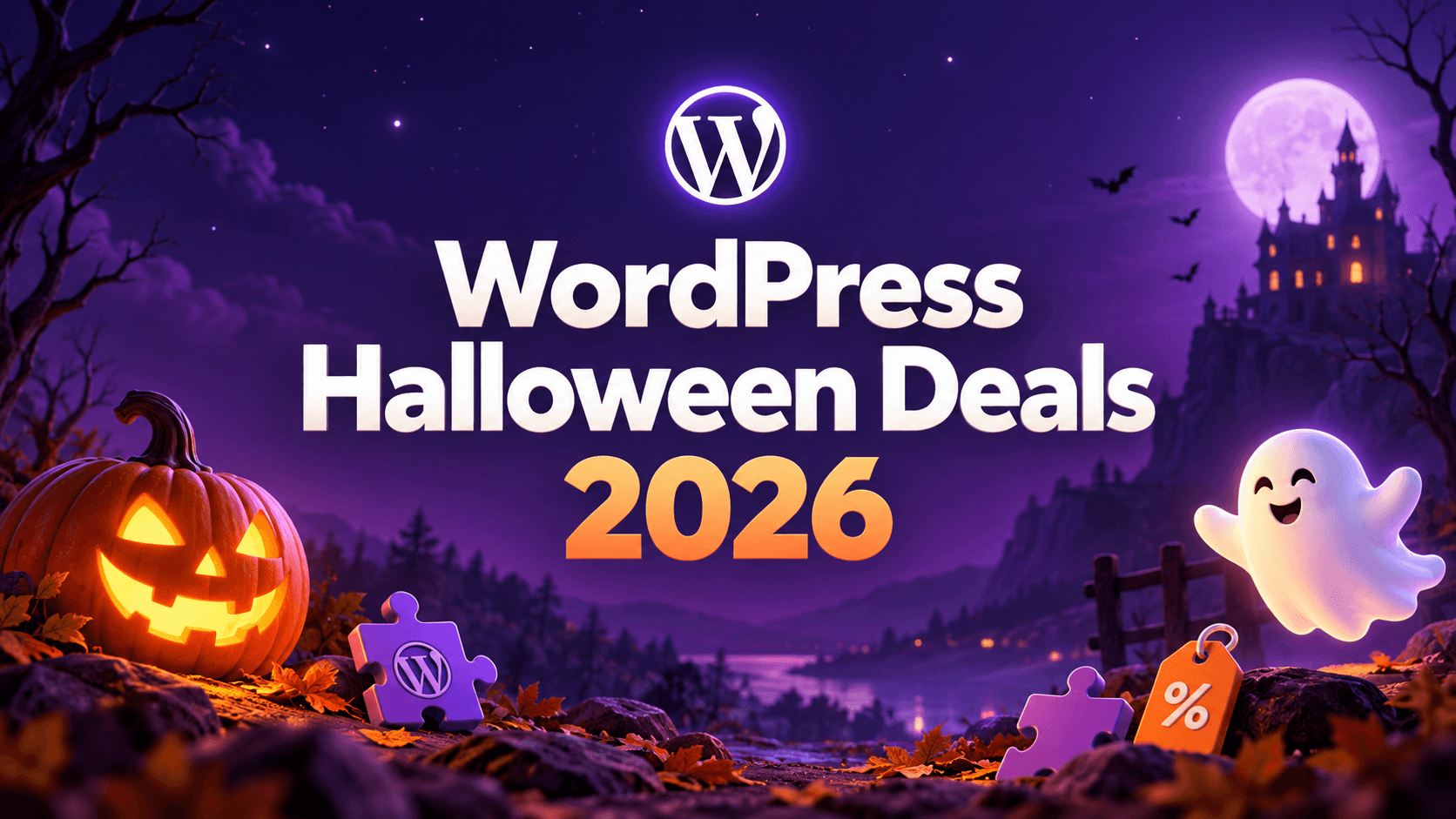 WordPress Halloween Deals 2026 banner for WordPress and WooCommerce offers, featuring plugin icons, a discount tag, glowing pumpkin, friendly ghost, and haunted castle.